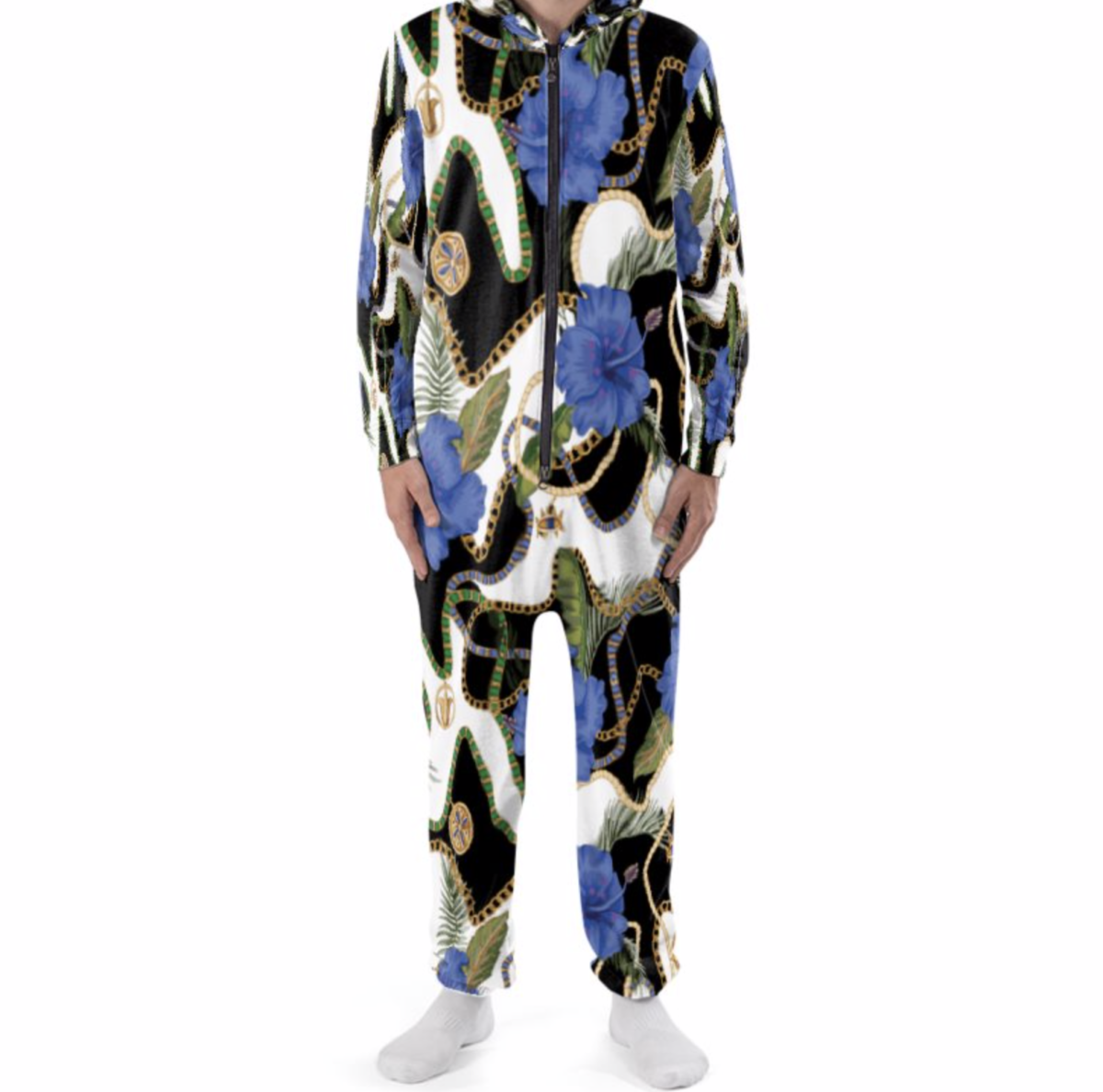 Adult Onesies For Women & Men | Hooded Pajamas | Black White Floral