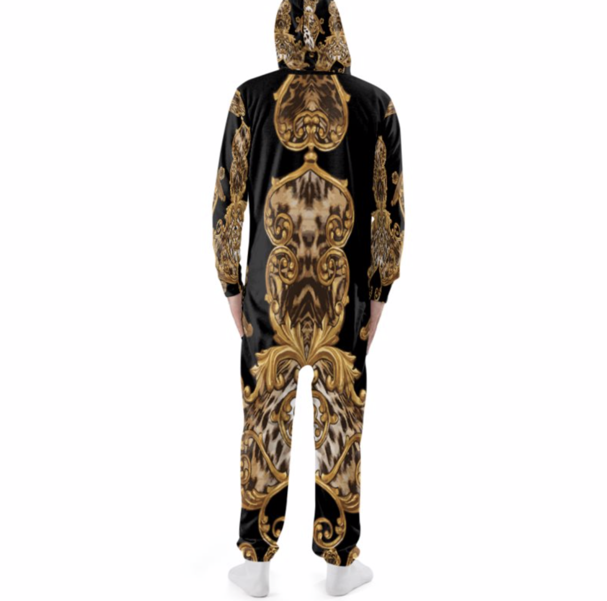 Adult Onesies For Women & Men | Hooded Pajamas | Black Gold Leopard Print - Image 2