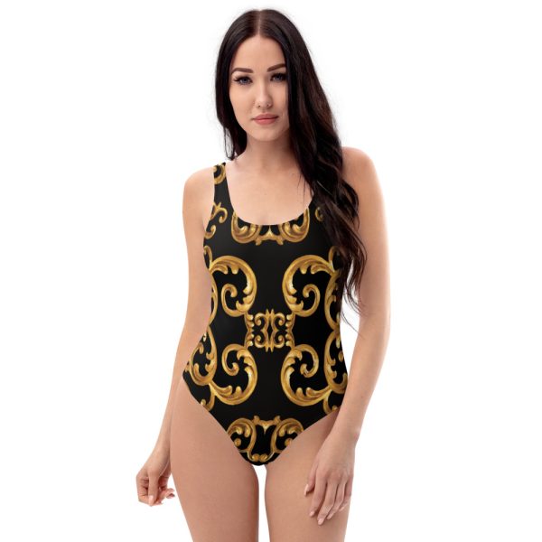 Designer One Piece Swimsuit Bathing Suit for Women | Cute Flattering Swimming Suit | Black Gold