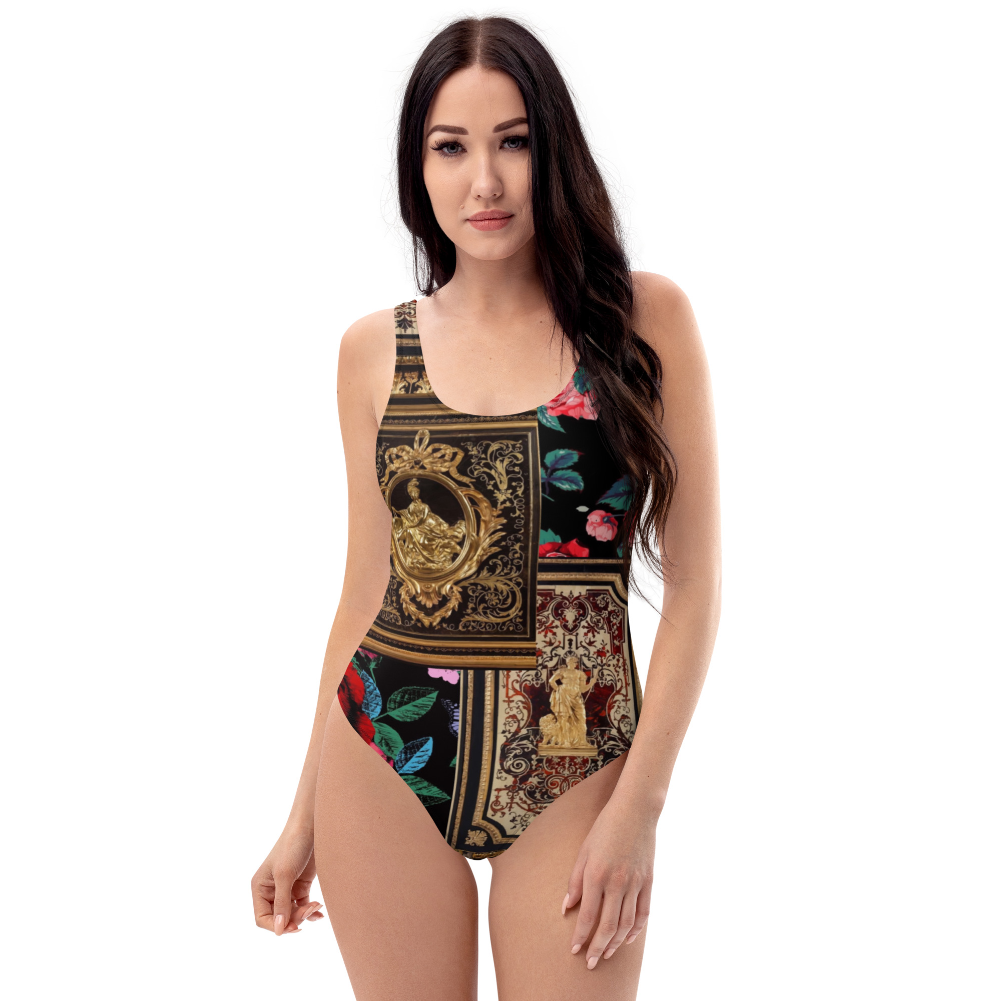 Designer One Piece Swimsuit Bathing Suit for Women | Cute Flattering Swimming Suit | Black Gold Floral