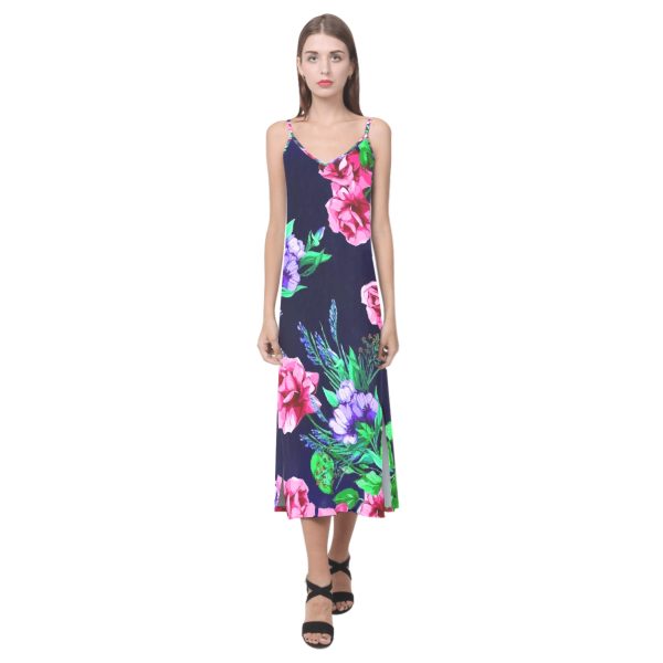 Sleeveless Long Dress For Women | Open Fork | Navy Blue Floral Pink
