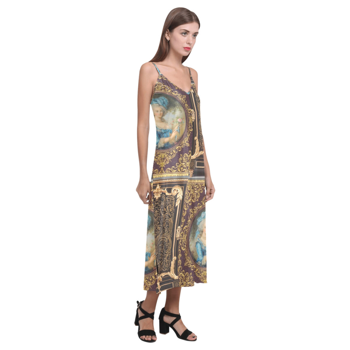Sleeveless Long Dress For Women | Open Fork | Brown Baroque Gold - Image 4