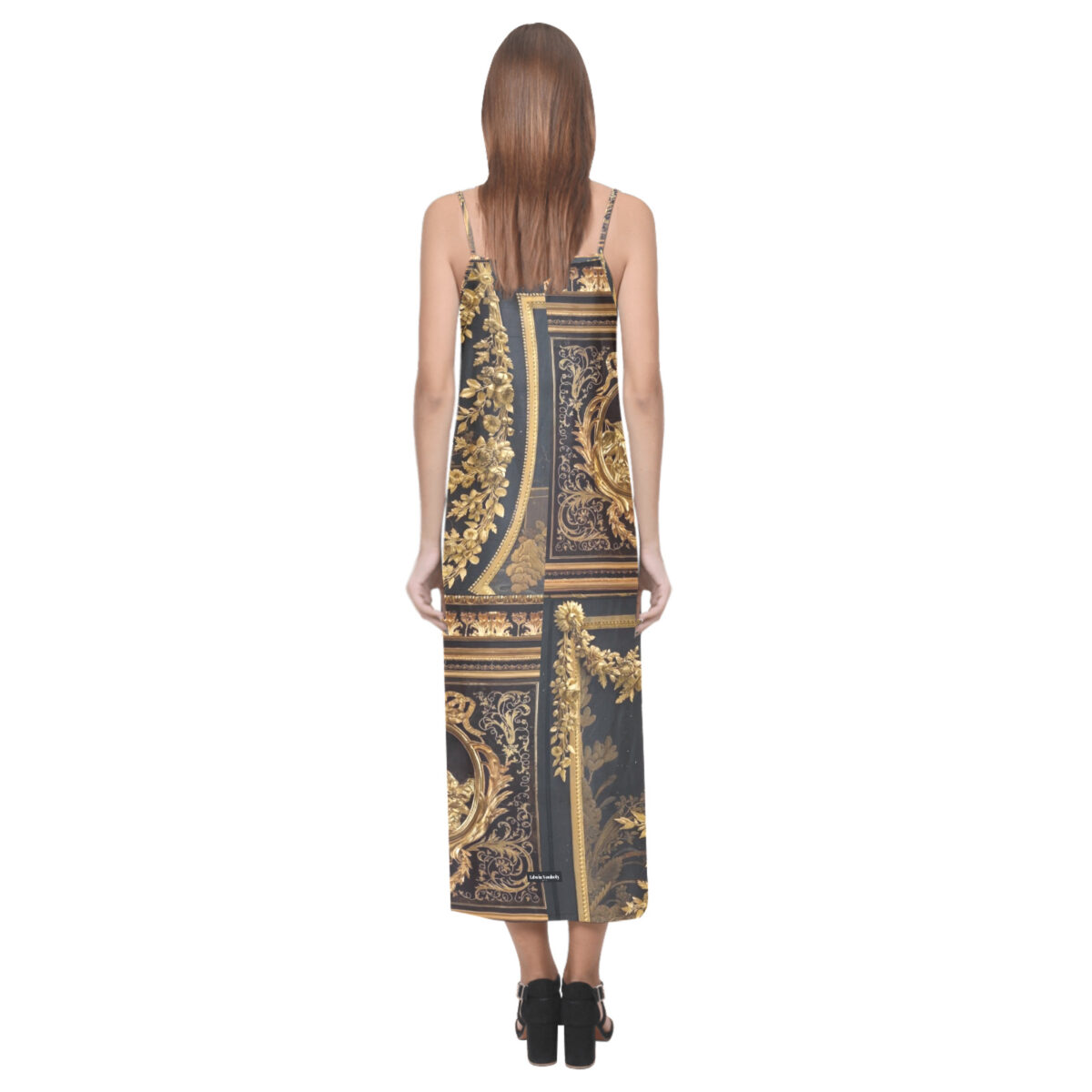 Sleeveless Long Dress For Women | Open Fork | Black Baroque Gold - Image 2