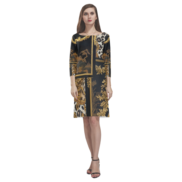 Designer Long Sleeve Dress For Women | Black Leopard Print Gold