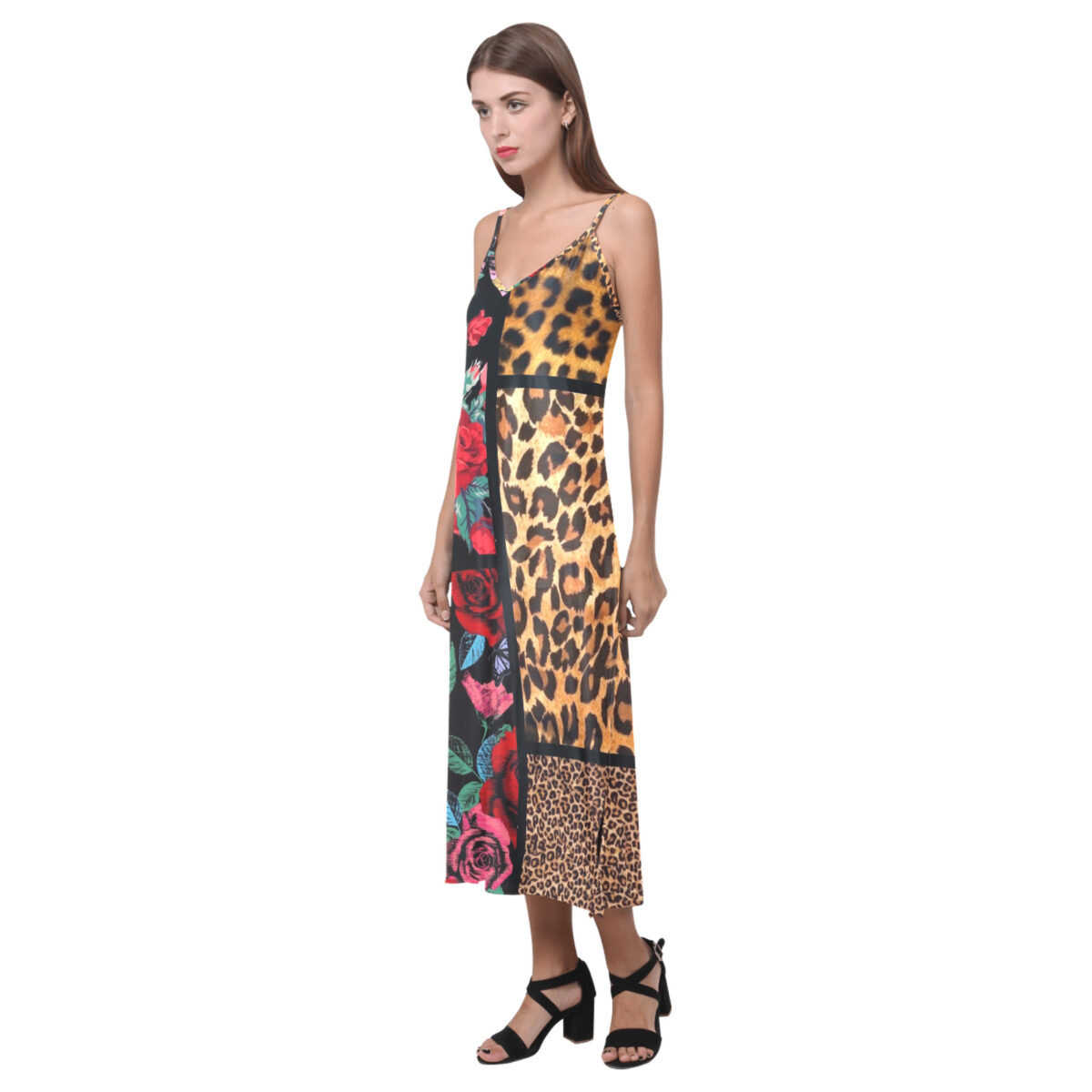 Sleeveless Long Dress For Women | Open Fork | Leopard Print Black Floral Red - Image 3