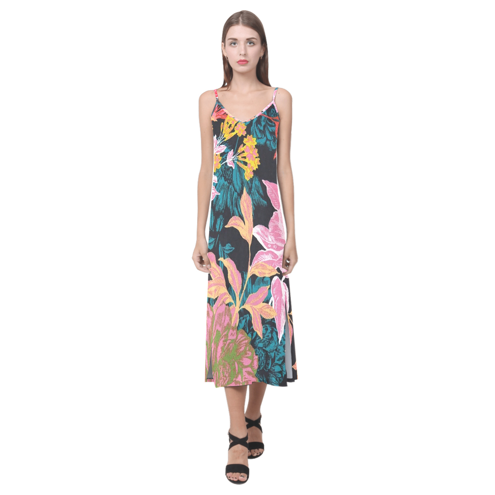 Sleeveless Long Dress For Women | Open Fork | Floral Pink Turquoise Green Black