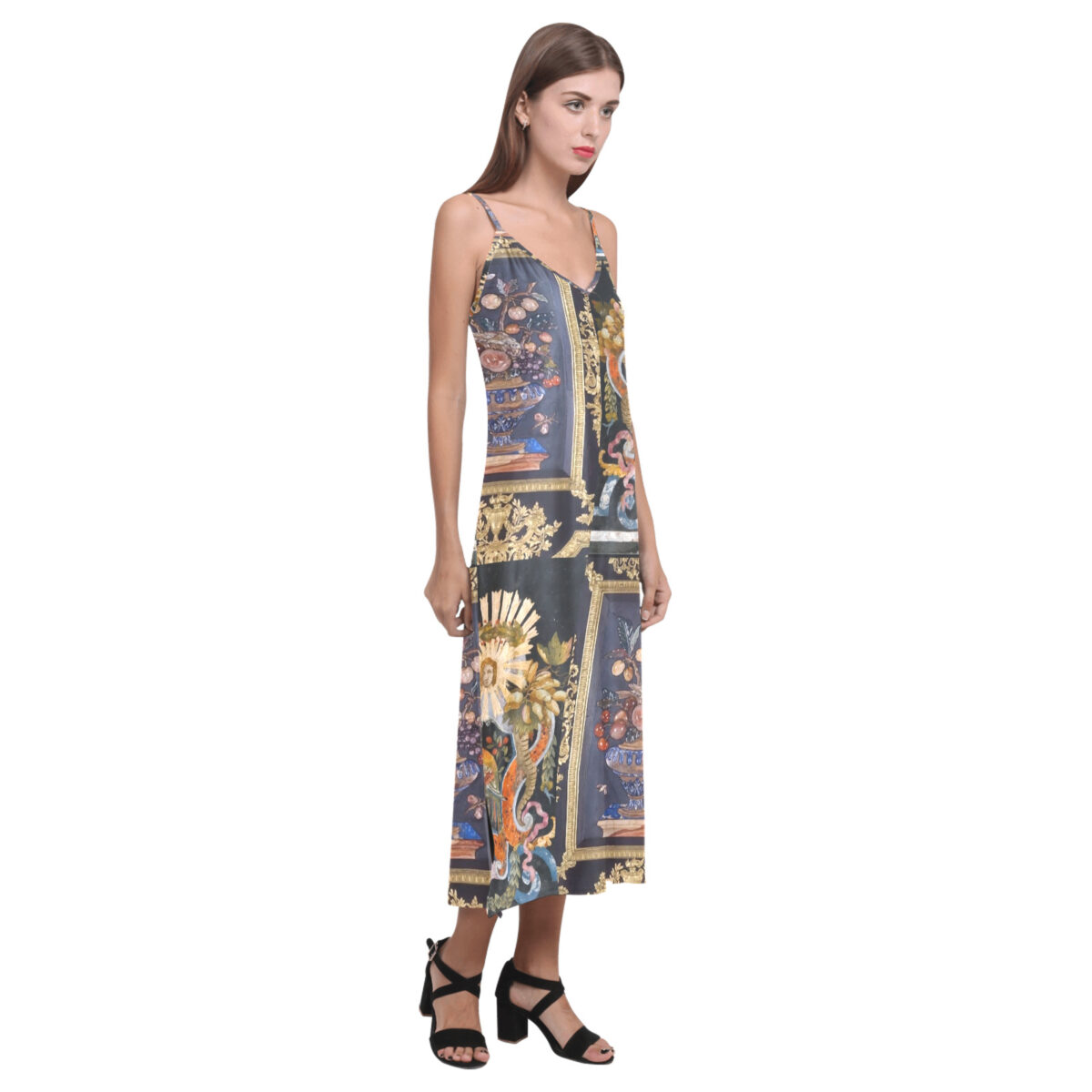 Sleeveless Long Dress For Women | Open Fork | Black Grey Baroque Gold - Image 4