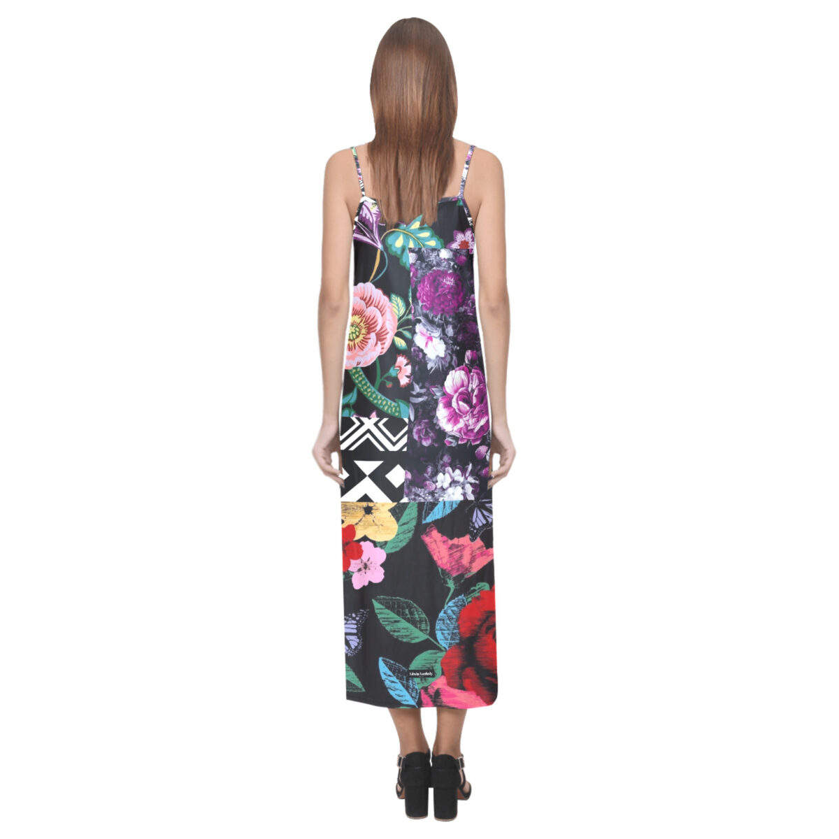 Sleeveless Long Dress For Women | Open Fork | Black Purple Floral White Striped - Image 2