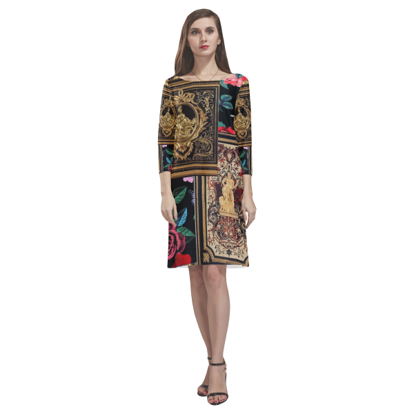 Designer Long Sleeve Dress For Women | Black Gold Baroque Floral