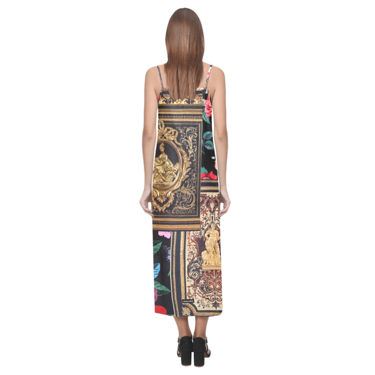 Sleeveless Long Dress For Women | Open Fork | Black Baroque Gold Floral - Image 2