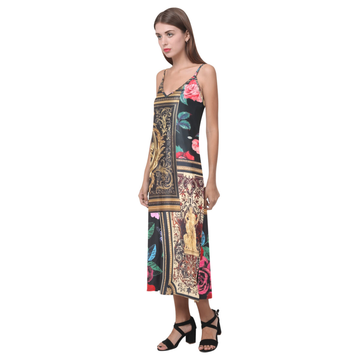 Sleeveless Long Dress For Women | Open Fork | Black Baroque Gold Floral - Image 3