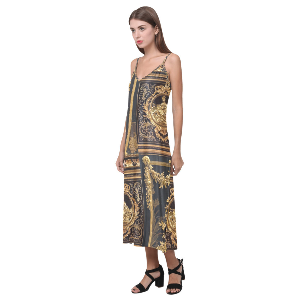 Sleeveless Long Dress For Women | Open Fork | Black Baroque Gold - Image 3