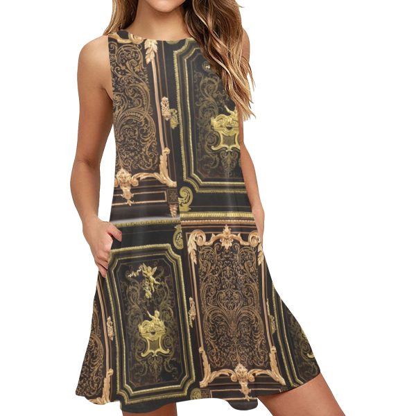 A – Line Dress For Women | Short Patterned | Black Baroque Gold