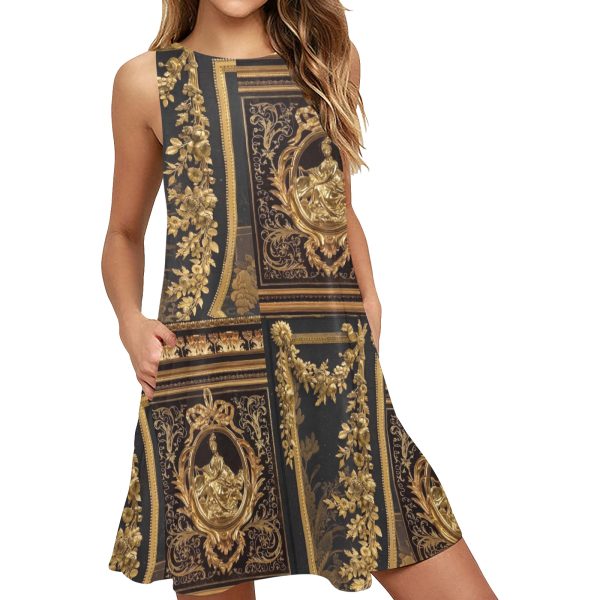 A – Line Dress For Women | Short Patterned | Black Baroque Gold