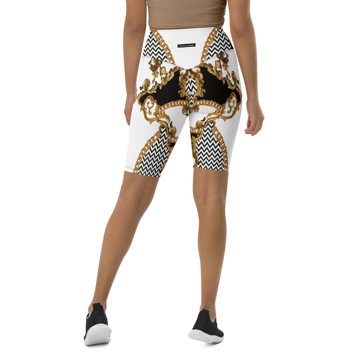 Biker Shorts For Women | Cycling Workout Mountain Bike Bicycle Shorts | White Black Striped Gold - Image 5