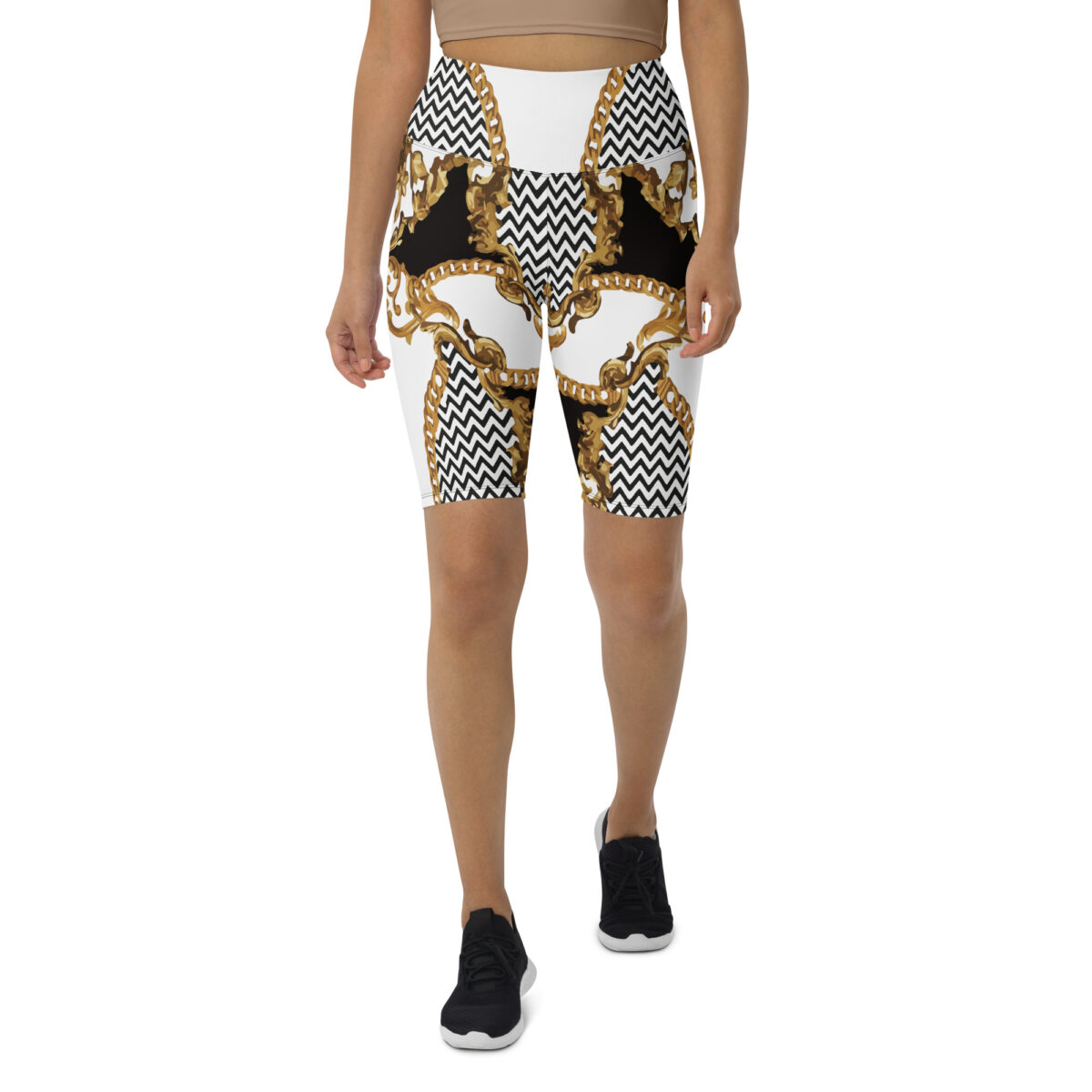 Biker Shorts For Women | Cycling Workout Mountain Bike Bicycle Shorts | White Black Striped Gold