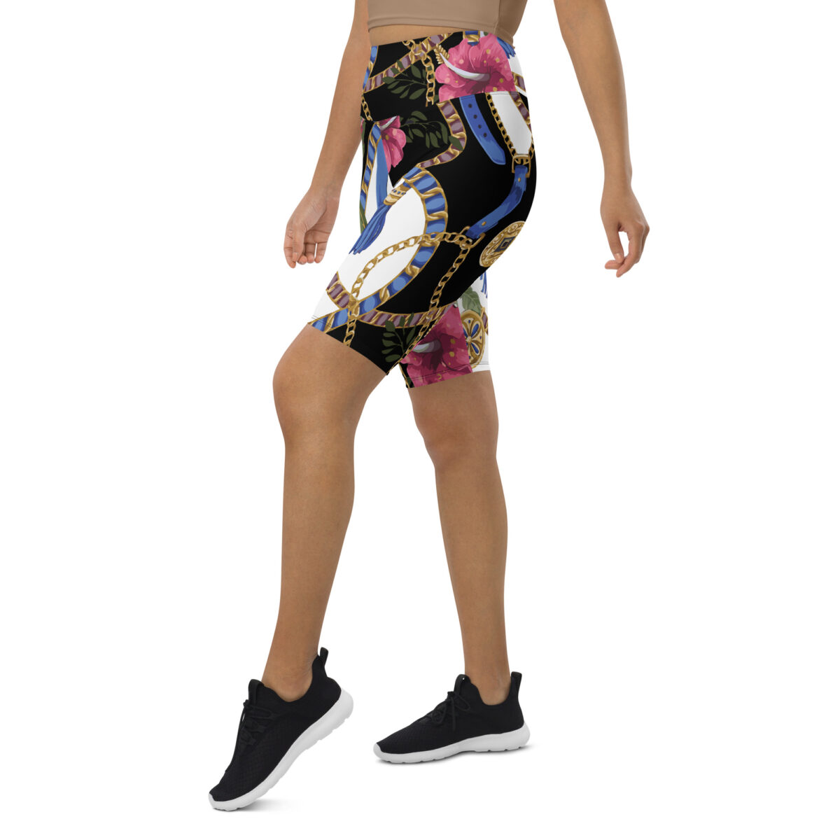 Biker Shorts For Women | Cycling Workout Mountain Bike Bicycle Shorts | Black White Floral - Image 4