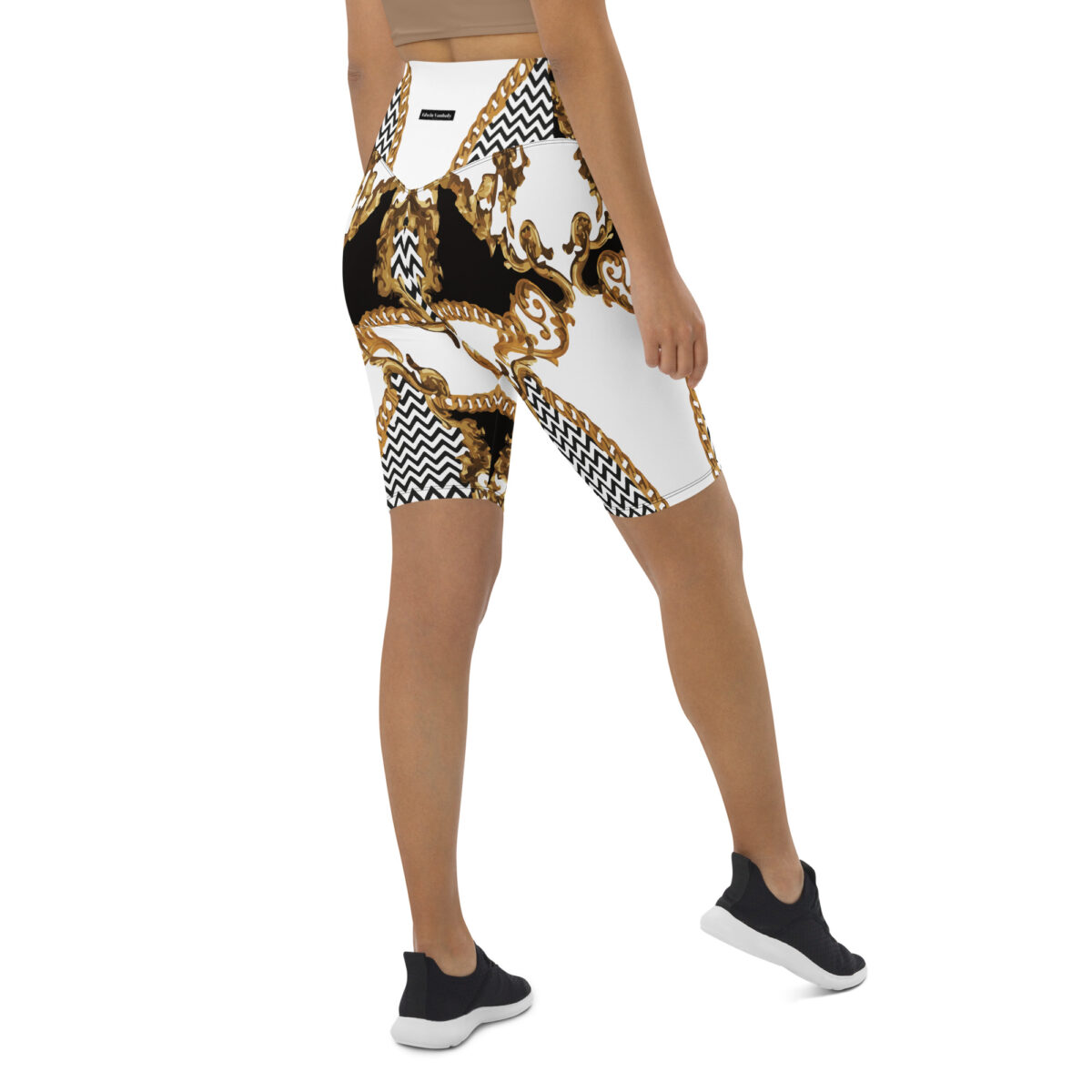 Biker Shorts For Women | Cycling Workout Mountain Bike Bicycle Shorts | White Black Striped Gold - Image 6