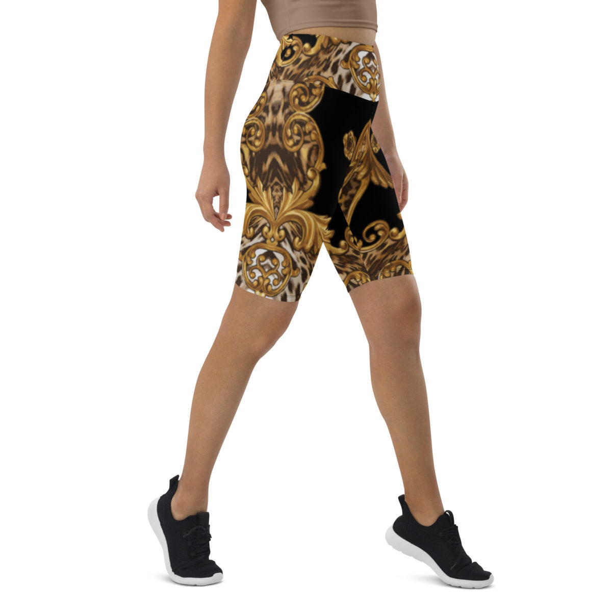 Biker Shorts For Women | Cycling Workout Mountain Bike Bicycle Shorts | Black Gold Leopard Print - Image 2