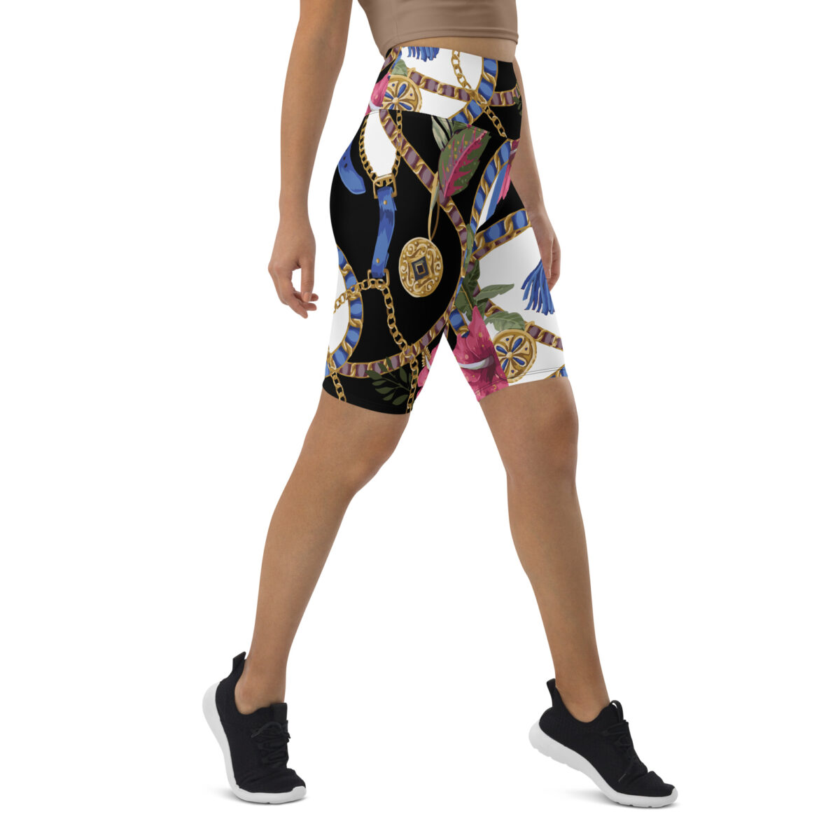 Biker Shorts For Women | Cycling Workout Mountain Bike Bicycle Shorts | Black White Floral - Image 2