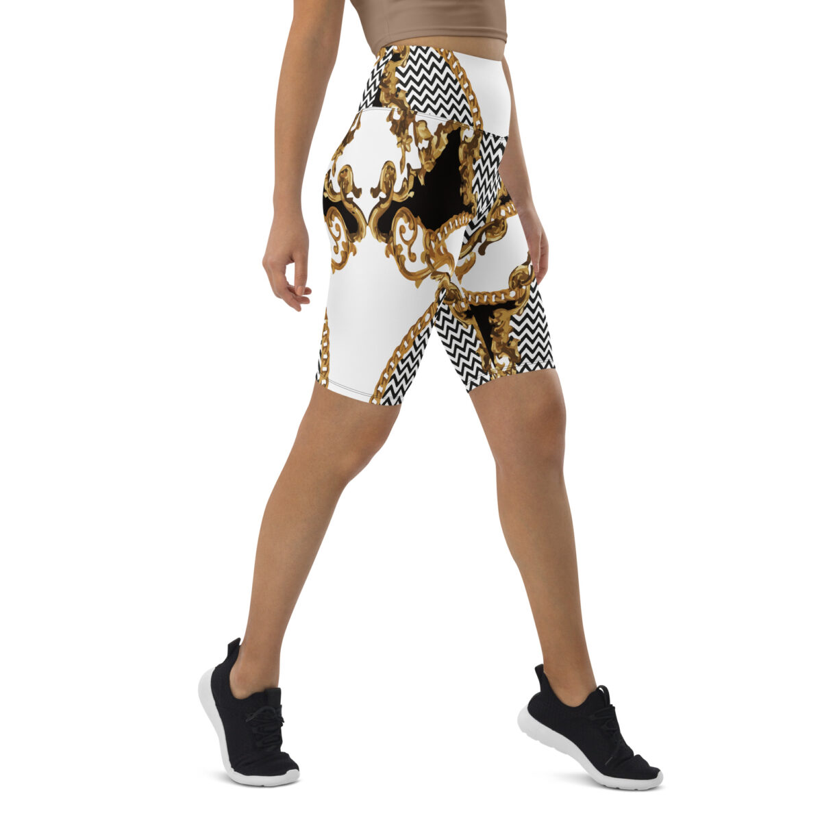 Biker Shorts For Women | Cycling Workout Mountain Bike Bicycle Shorts | White Black Striped Gold - Image 2