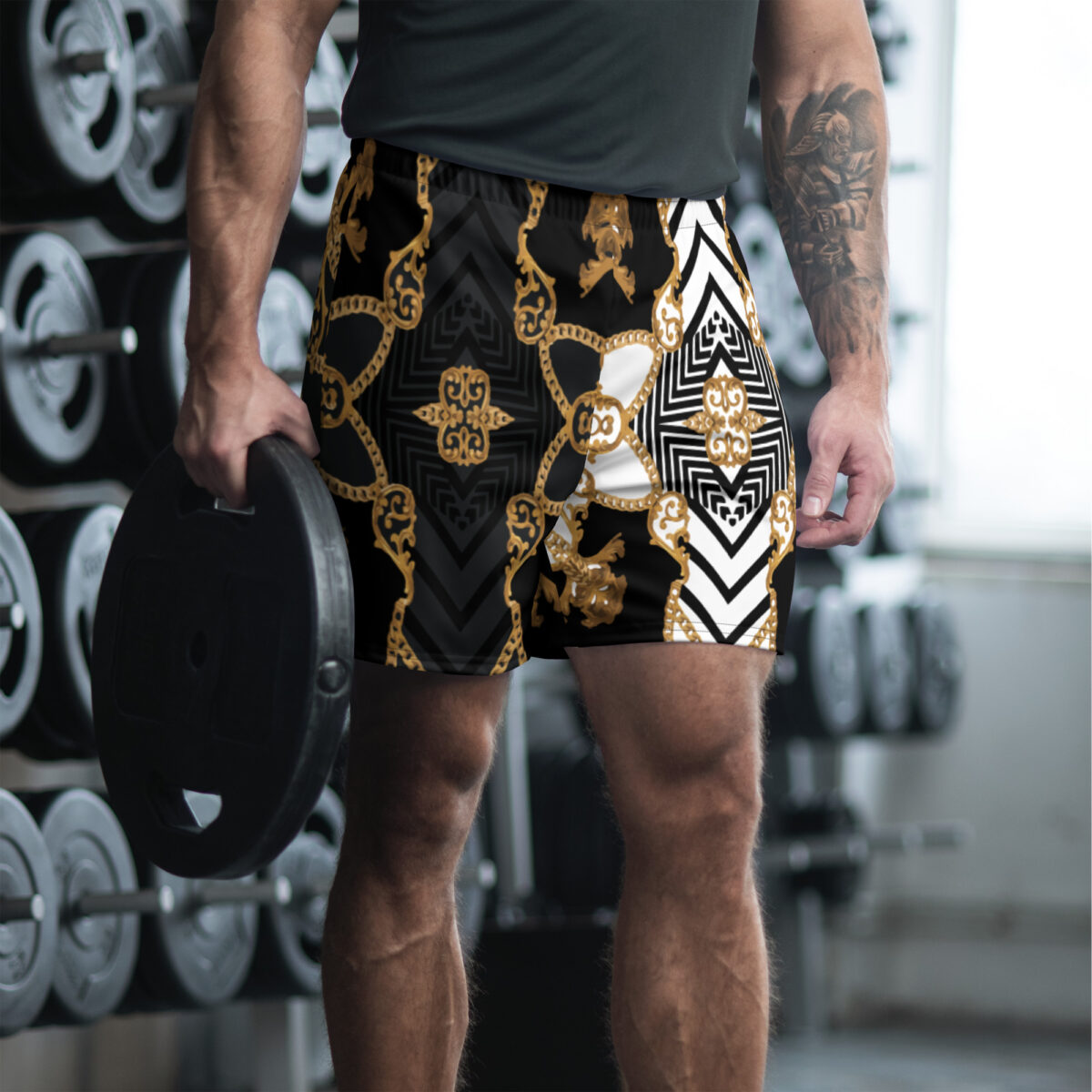 Men’s Athletic Long Shorts | Best Gym Workout Running Sports Active Training Exercise Shorts | Black White Gold