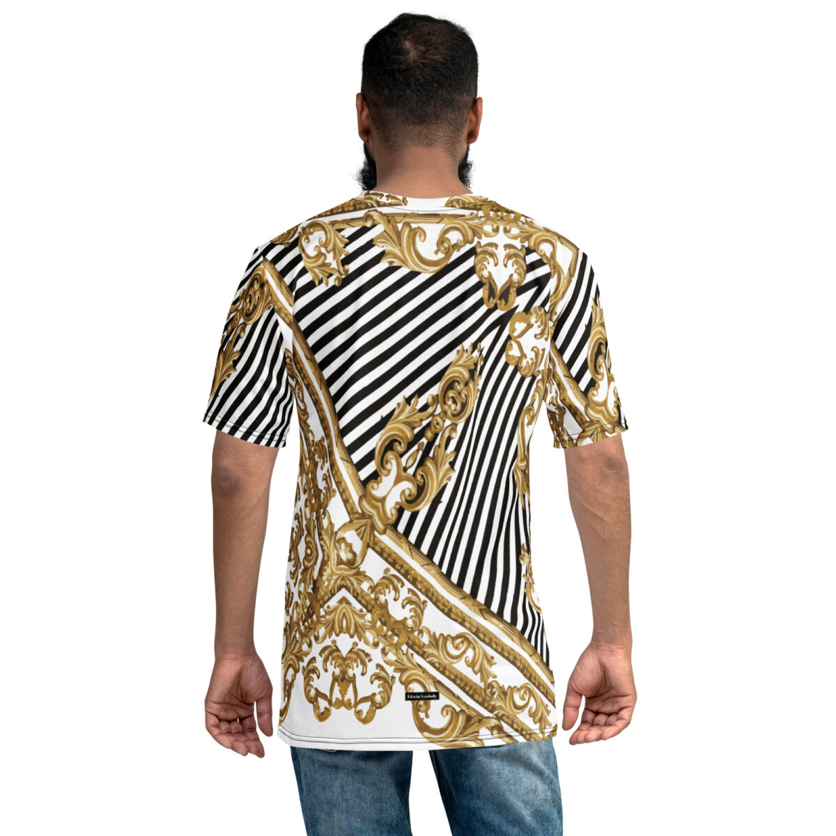 Men’s Designer T-Shirt | Cool Graphic Casual Tees For Men | White Black Striped Baroque Gold - Image 2