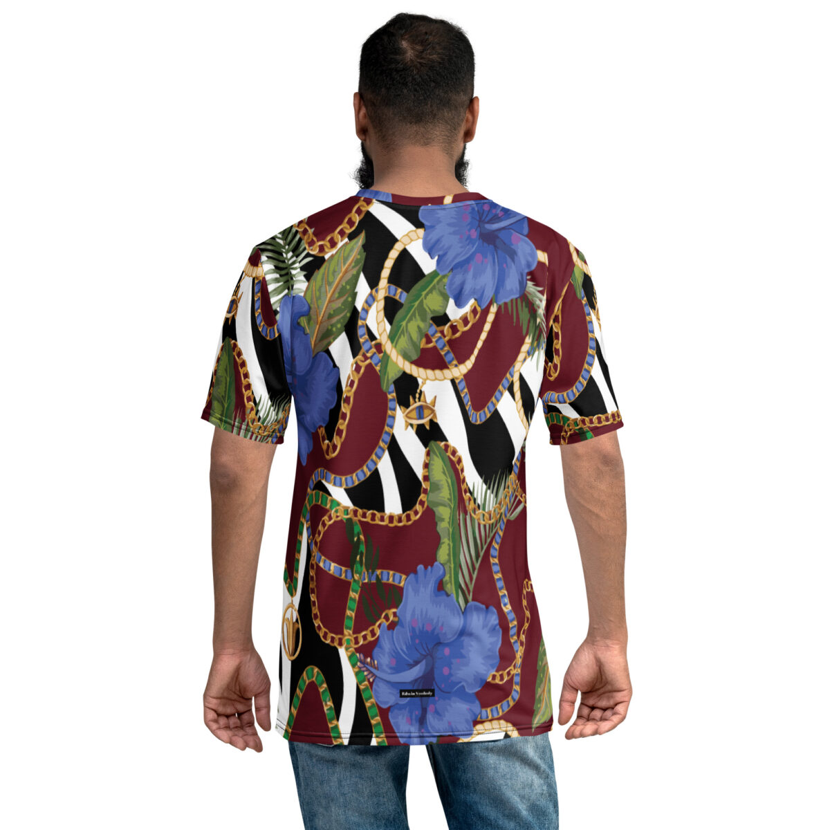 Men’s Designer T-Shirt | Cool Graphic Casual Tees For Men | Maroon Red Black White Striped Floral - Image 2