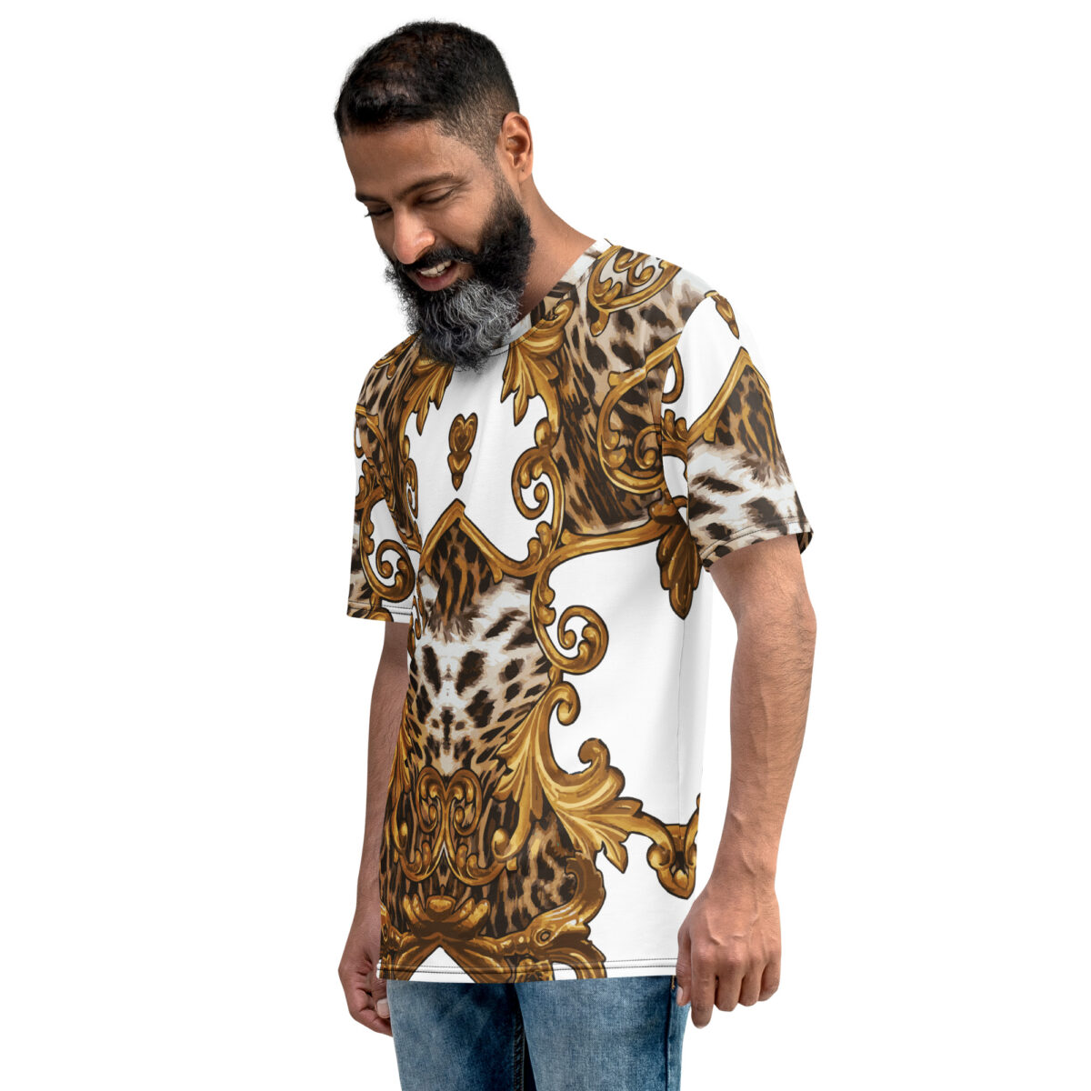 Men’s Designer T-Shirt | Cool Graphic Casual Tees For Men | White Baroque Gold Leopard Print - Image 3