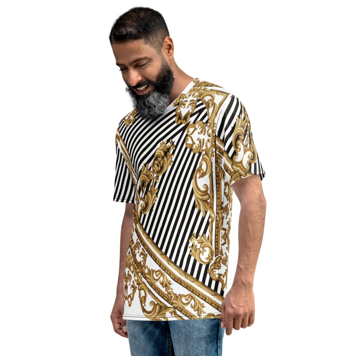 Men’s Designer T-Shirt | Cool Graphic Casual Tees For Men | White Black Striped Baroque Gold - Image 3