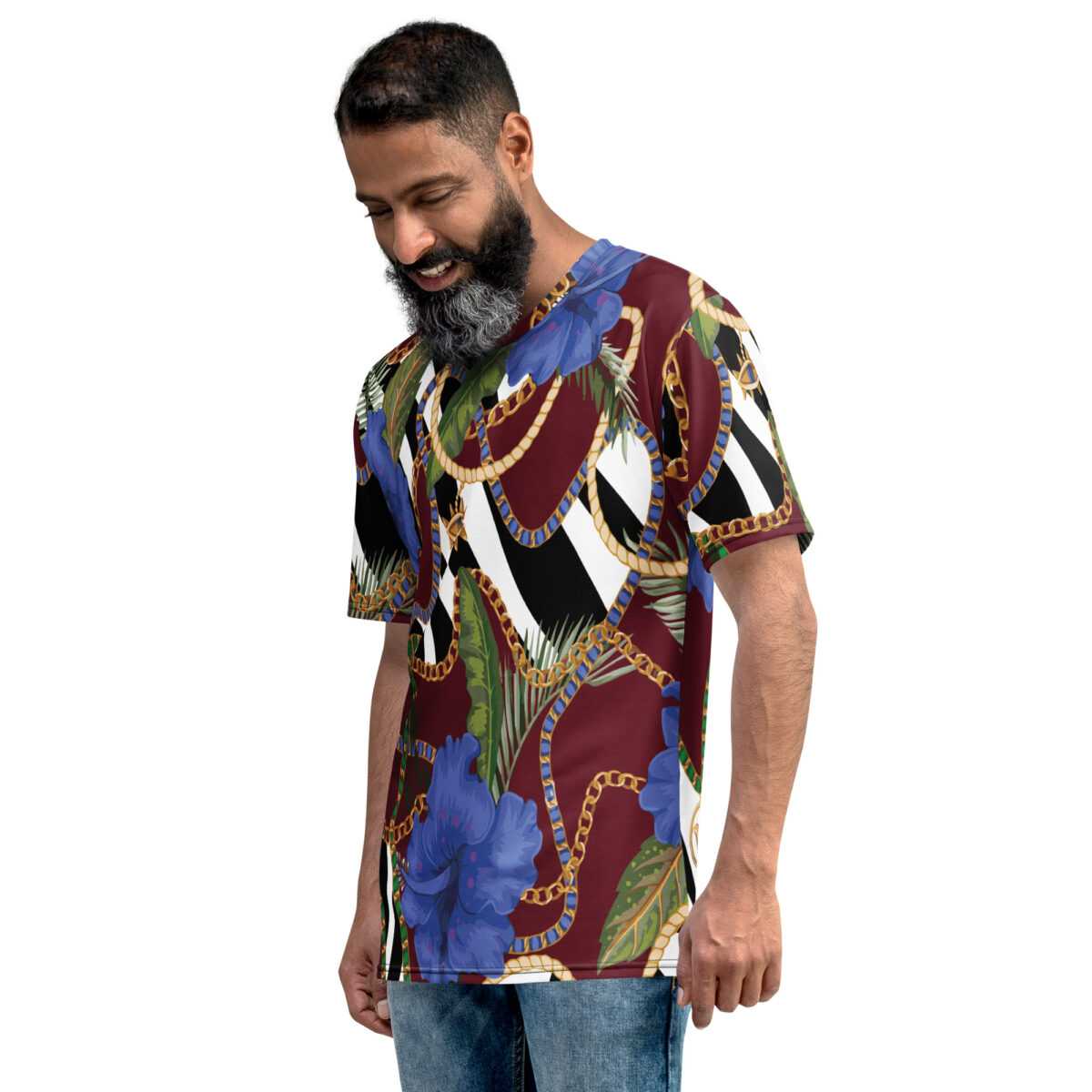 Men’s Designer T-Shirt | Cool Graphic Casual Tees For Men | Maroon Red Black White Striped Floral - Image 3