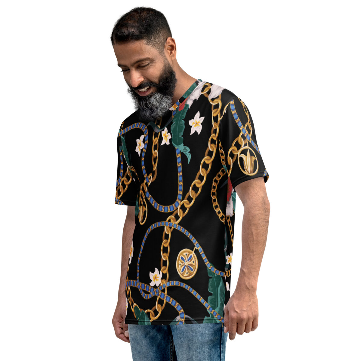 Men’s Designer T-Shirt | Cool Graphic Casual Tees For Men | Black Floral Gold Printed - Image 3
