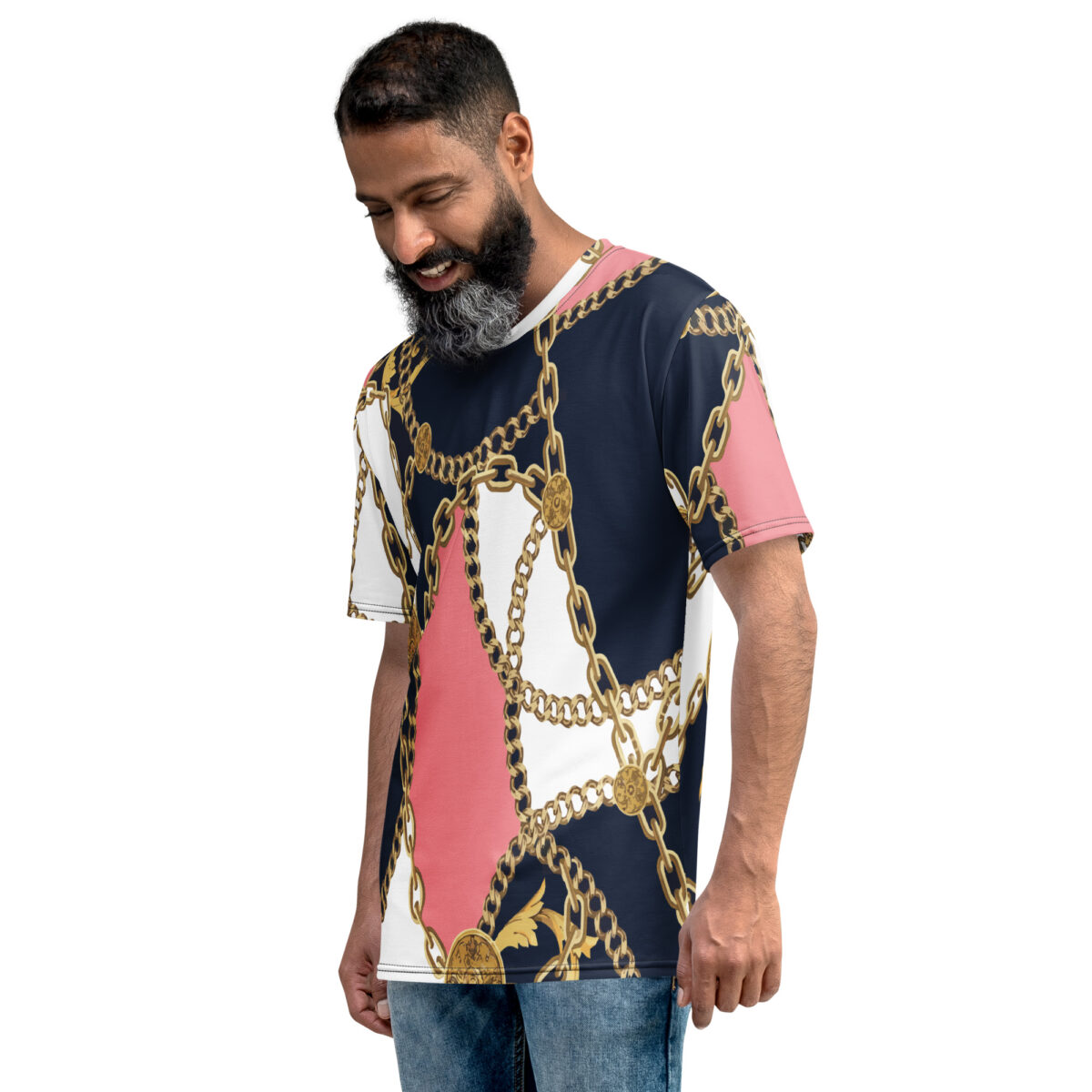 Men’s Designer T-Shirt | Cool Graphic Casual Tees For Men | Navy Blue White Pink Printed - Image 3