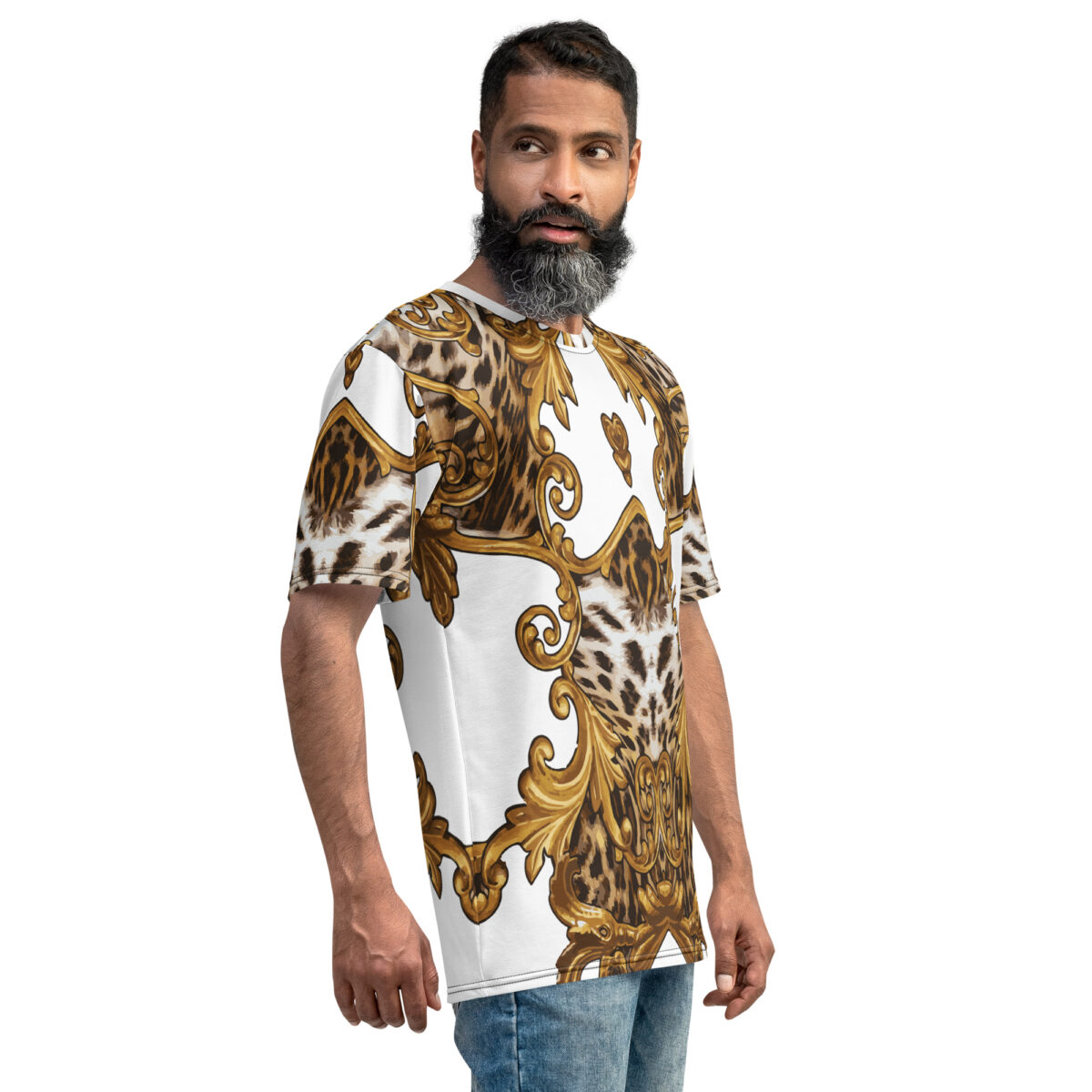 Men’s Designer T-Shirt | Cool Graphic Casual Tees For Men | White Baroque Gold Leopard Print - Image 4