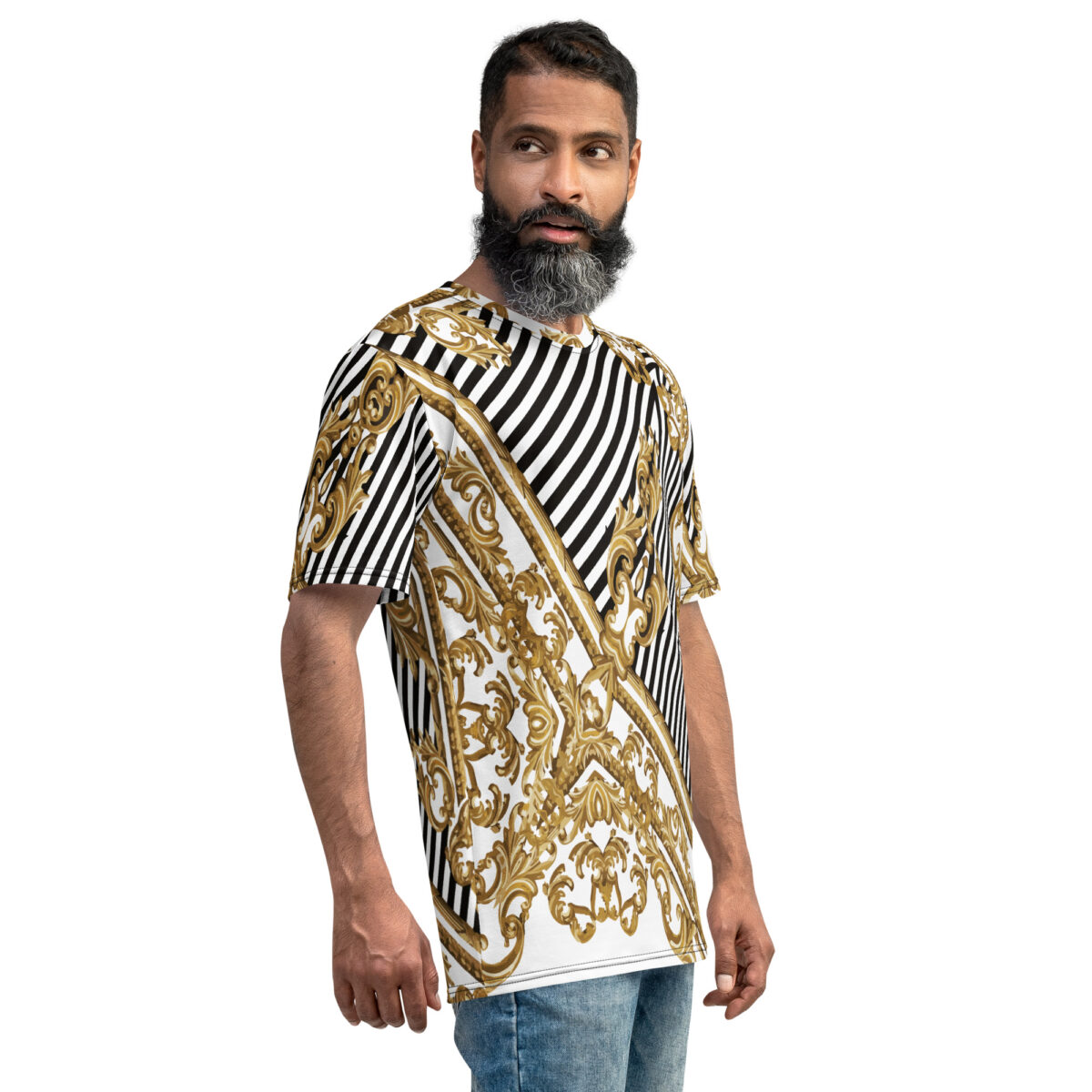 Men’s Designer T-Shirt | Cool Graphic Casual Tees For Men | White Black Striped Baroque Gold - Image 4