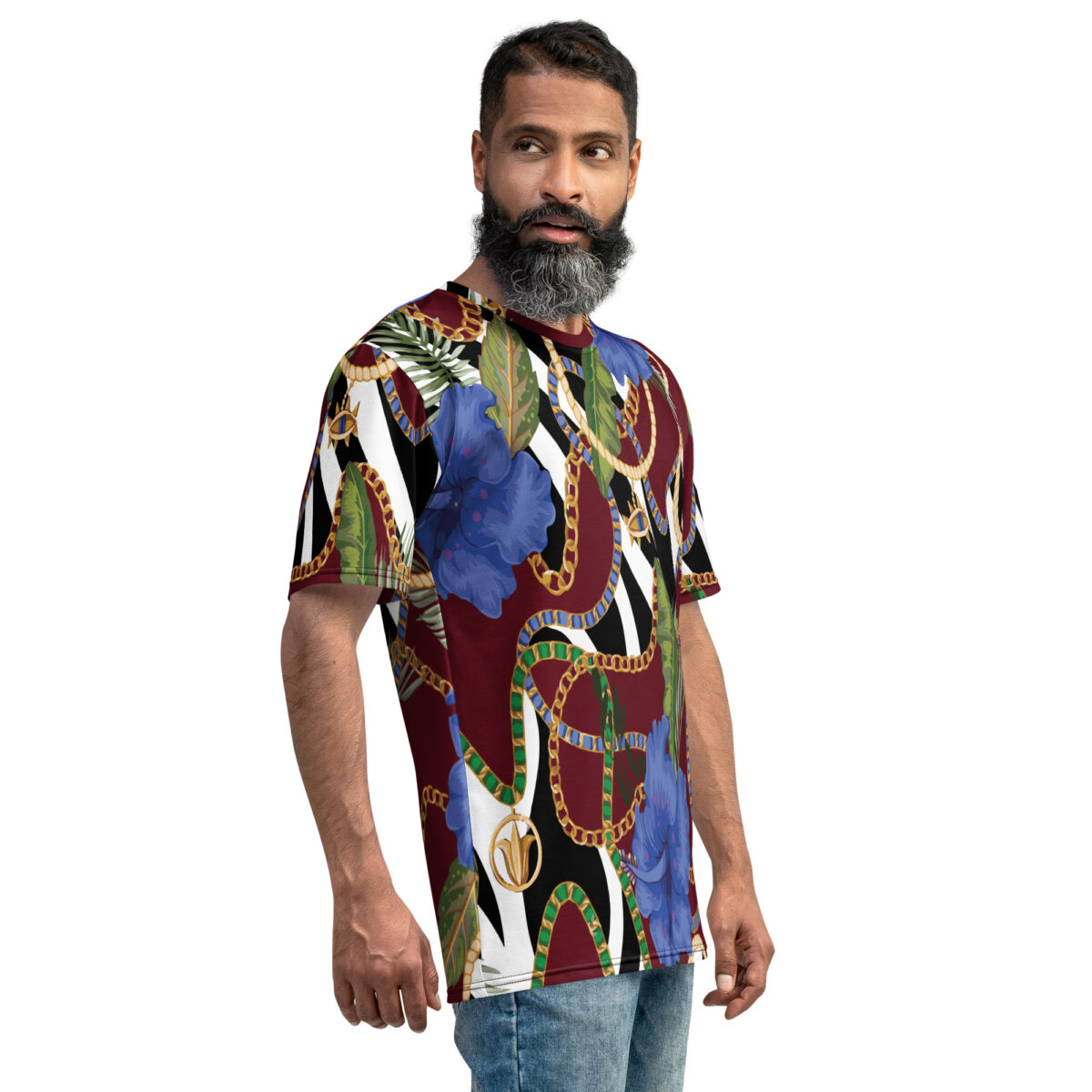 Men’s Designer T-Shirt | Cool Graphic Casual Tees For Men | Maroon Red Black White Striped Floral - Image 4