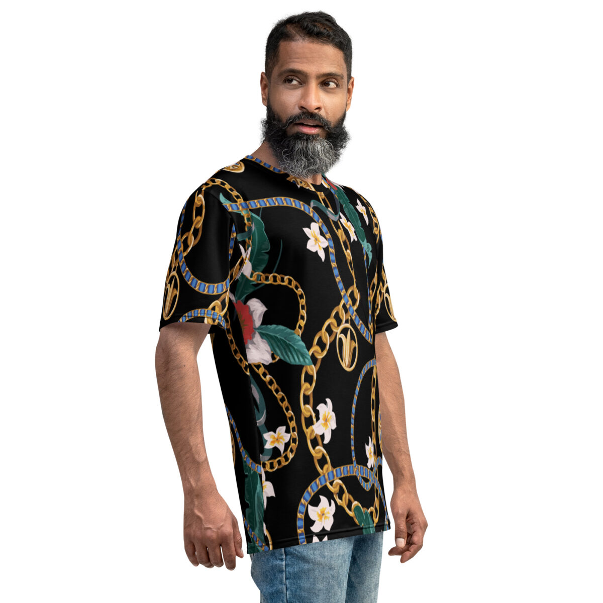 Men’s Designer T-Shirt | Cool Graphic Casual Tees For Men | Black Floral Gold Printed - Image 4