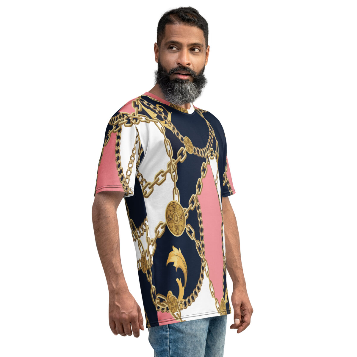 Men’s Designer T-Shirt | Cool Graphic Casual Tees For Men | Navy Blue White Pink Printed - Image 4