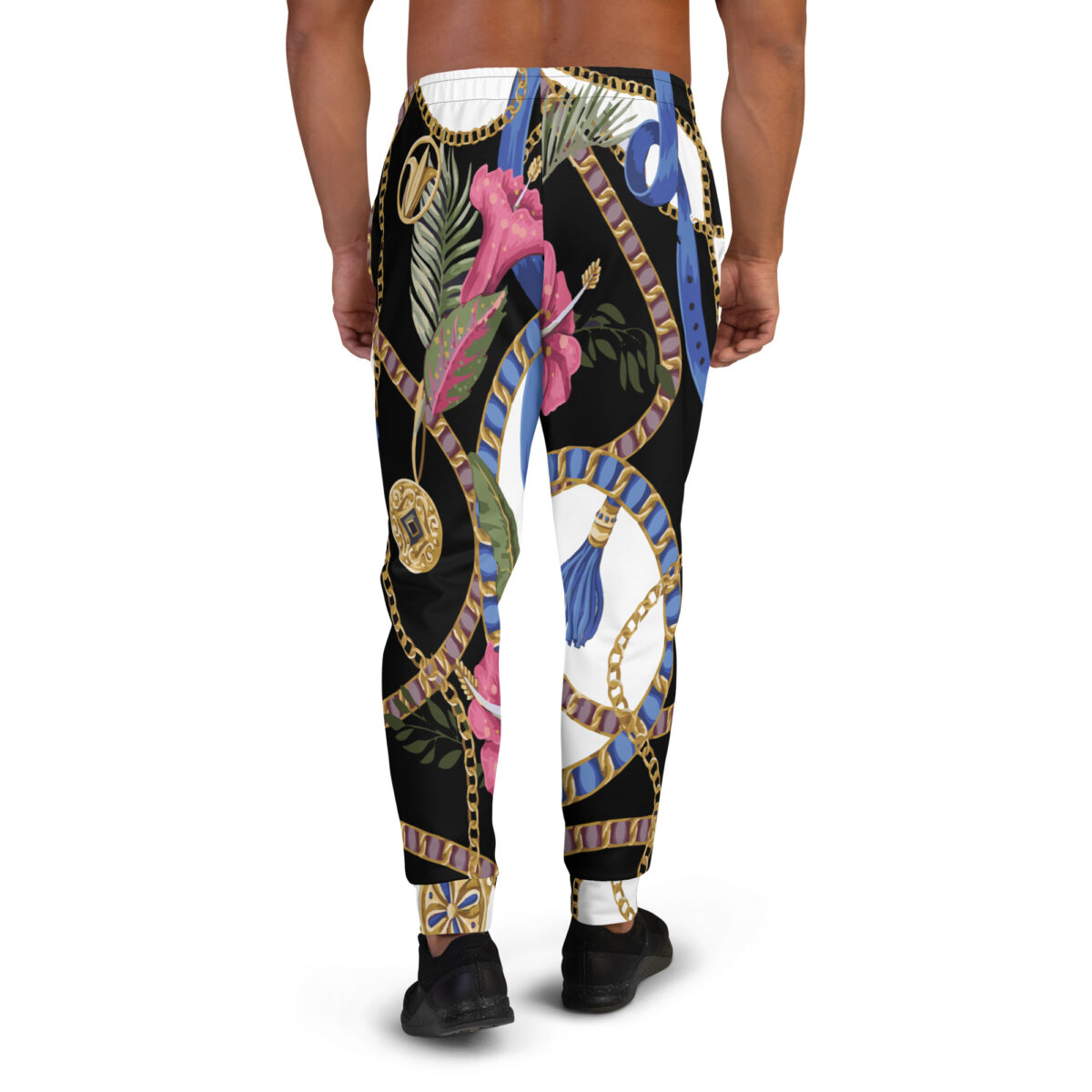 Men’s Joggers Sweatpants | Track Sweat Pants Jogging Athletic Workout Graphic Designer Pants | Black White Floral - Image 4
