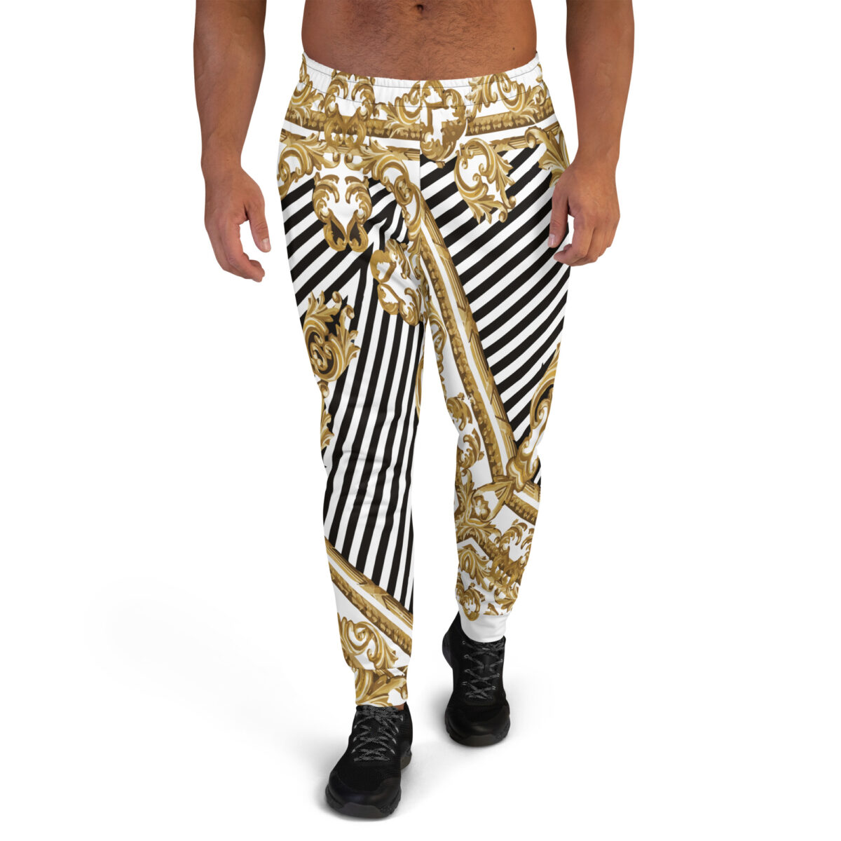 Men’s Joggers Sweatpants | Track Sweat Pants Jogging Athletic Workout Graphic Designer Pants | White Black Striped Gold