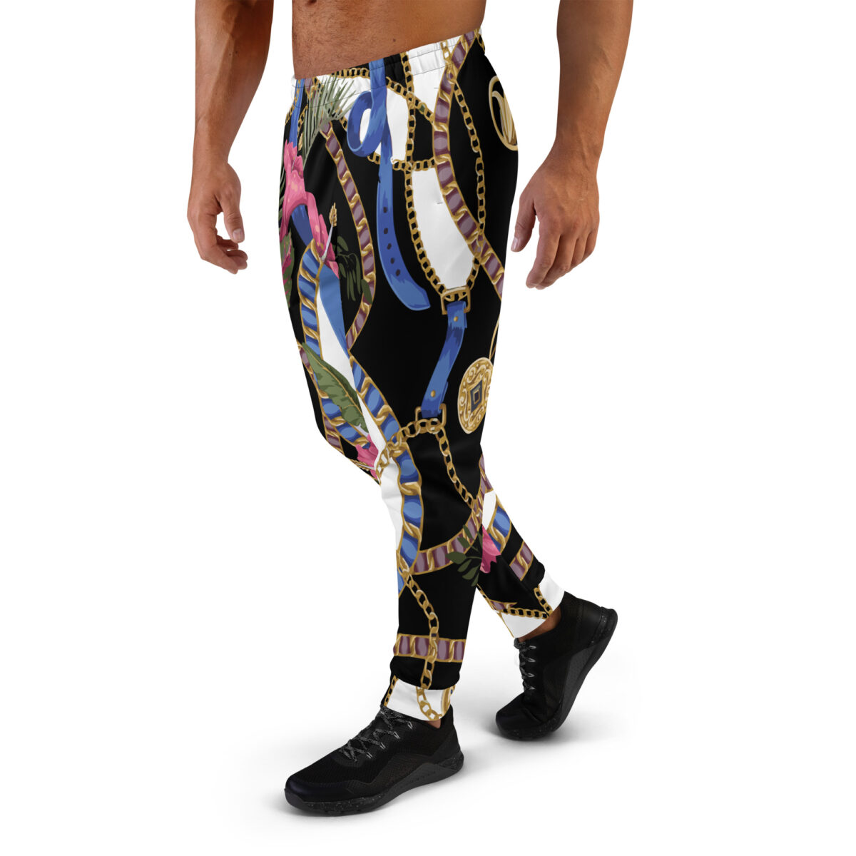 Men’s Joggers Sweatpants | Track Sweat Pants Jogging Athletic Workout Graphic Designer Pants | Black White Floral - Image 3