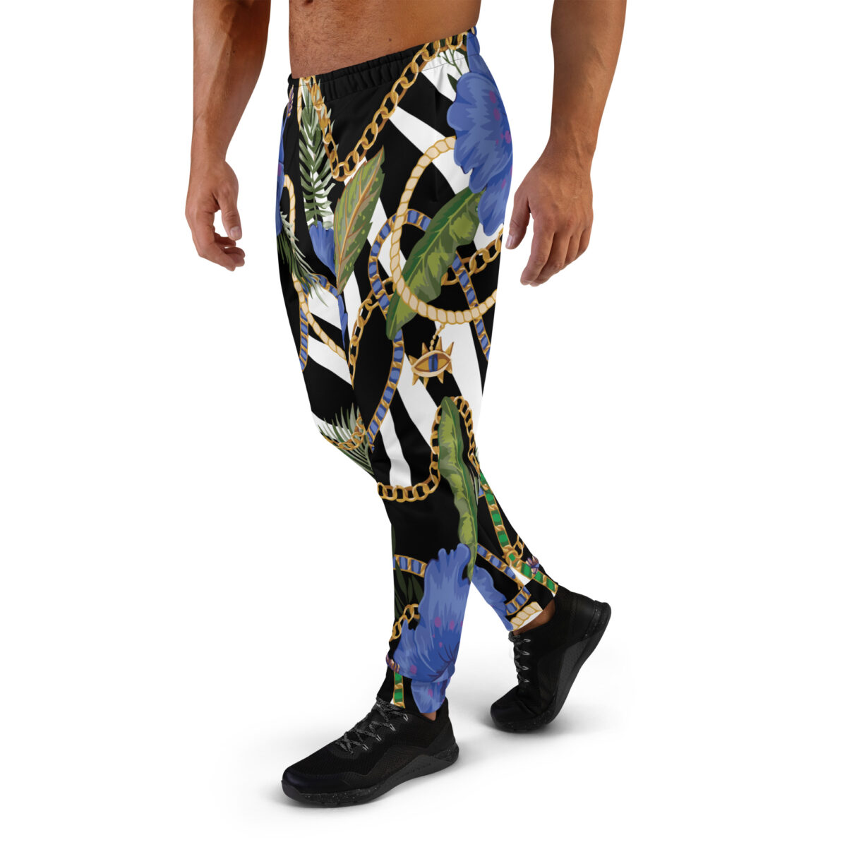 Men’s Joggers Sweatpants | Track Sweat Pants Jogging Athletic Workout Graphic Designer Pants | Black White Striped Floral - Image 3