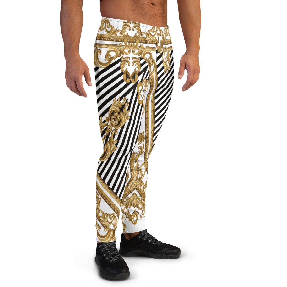 Men’s Joggers Sweatpants | Track Sweat Pants Jogging Athletic Workout Graphic Designer Pants | White Black Striped Gold - Image 2