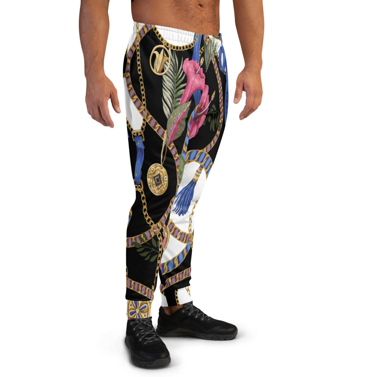 Men’s Joggers Sweatpants | Track Sweat Pants Jogging Athletic Workout Graphic Designer Pants | Black White Floral - Image 2