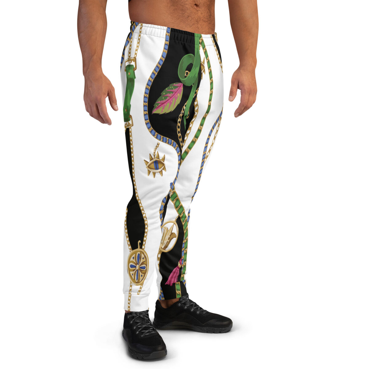 Men’s Joggers Sweatpants | Track Sweat Pants Jogging Athletic Workout Graphic Designer Pants | White Black Floral - Image 2