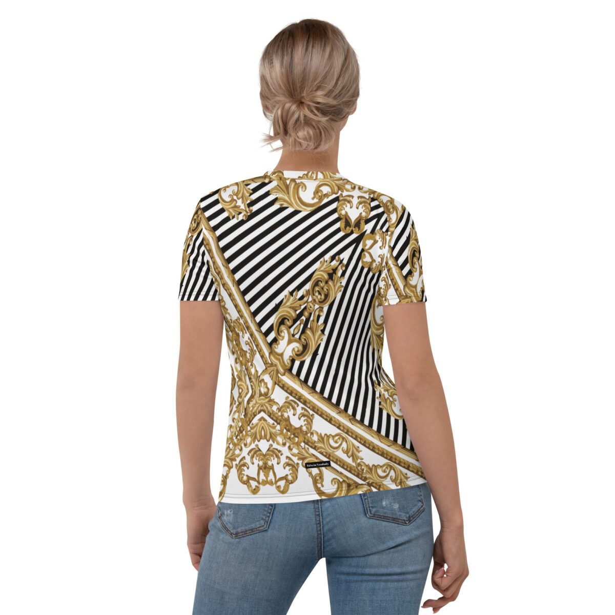 Women’s Designer T-Shirt | Best Short Sleeve Cute Graphic Tees For Women | White Black Striped Gold Printed - Image 2