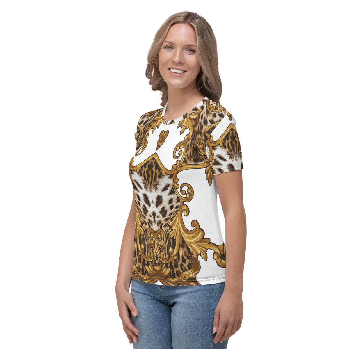 Women’s Designer T-Shirt | Best Short Sleeve Cute Graphic Tees For Women | White Gold Leopard Print Pattern - Image 3