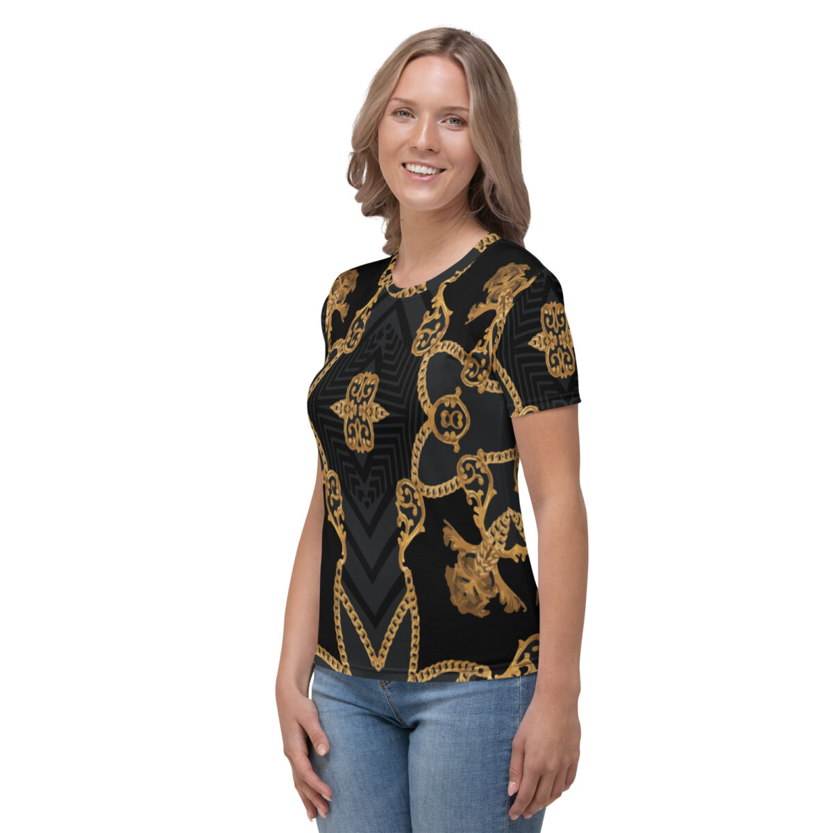 Women’s Designer T-Shirt | Best Short Sleeve Cute Graphic Tees For Women | Black Gold Printed - Image 3
