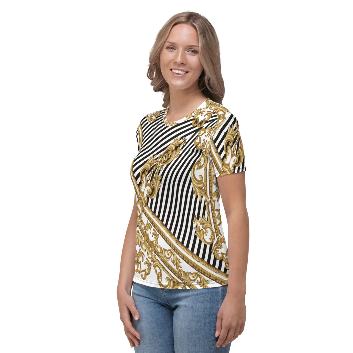 Women’s Designer T-Shirt | Best Short Sleeve Cute Graphic Tees For Women | White Black Striped Gold Printed - Image 3