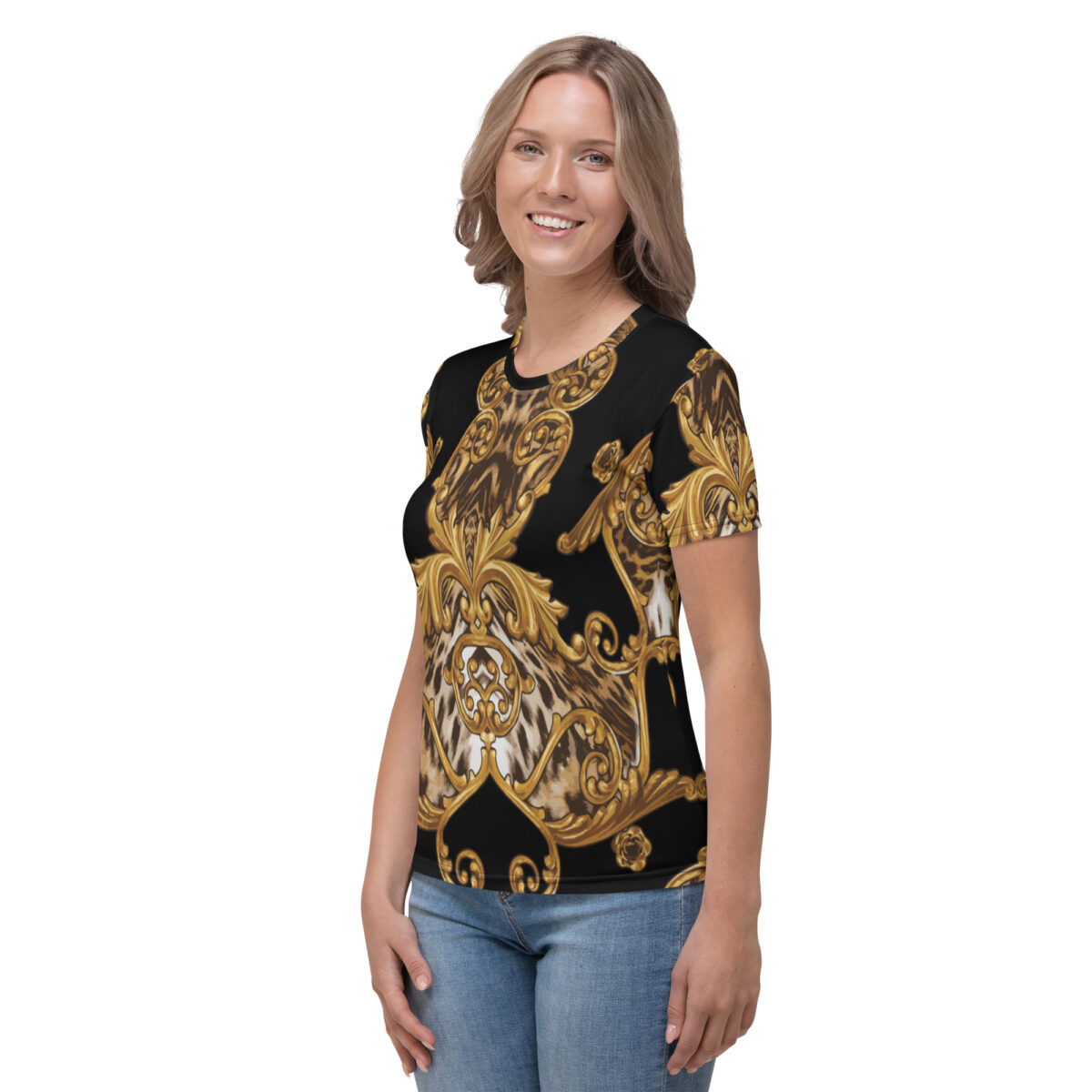 Women’s Designer T-Shirt | Best Short Sleeve Cute Graphic Tees For Women | Black Gold Leopard Print - Image 3